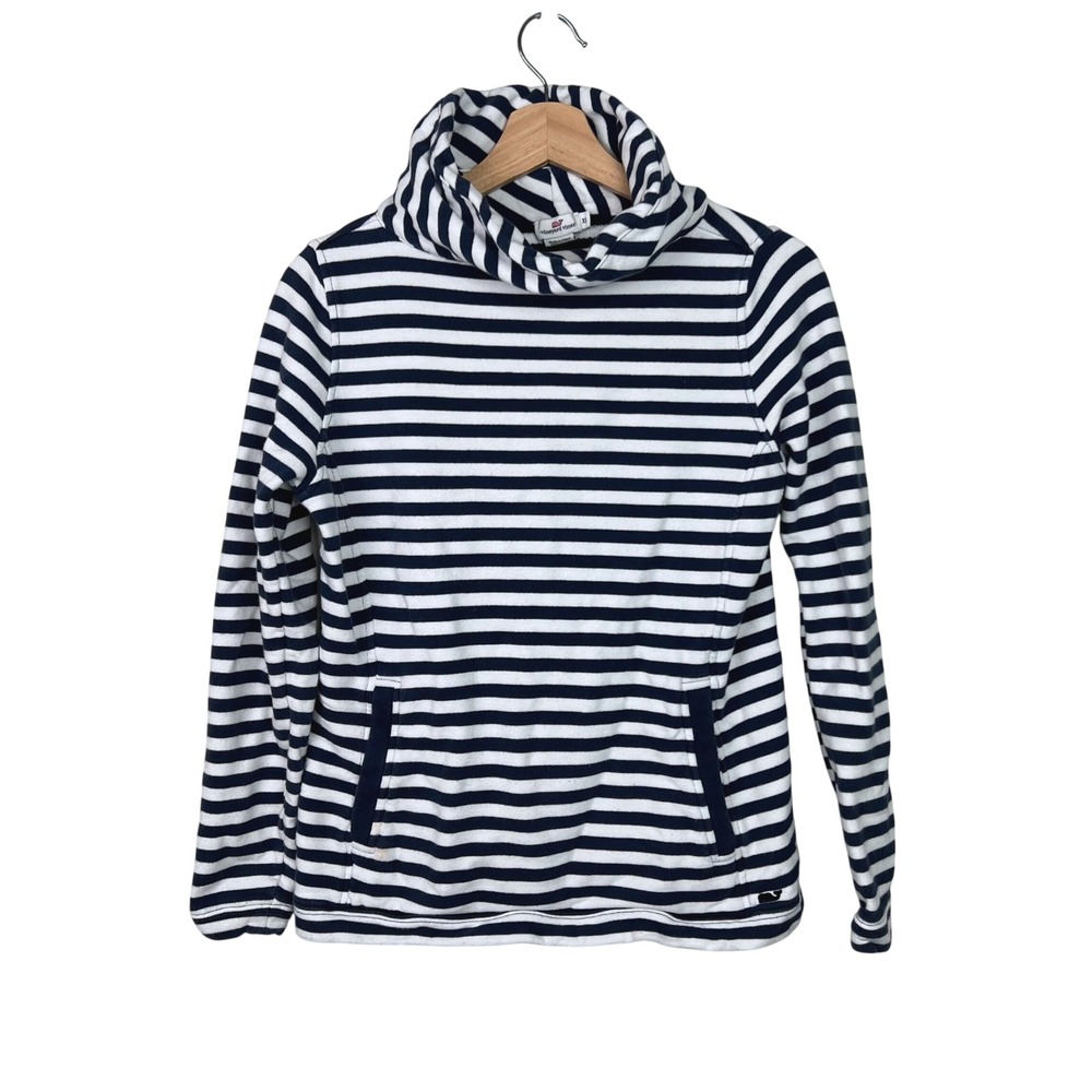 Vineyard Vines Womens XS Navy White Striped Funnel Neck Terry Pullover Cotton